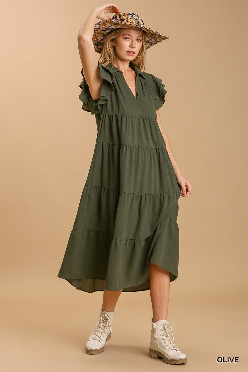 Olive Ruffle Midi Dress