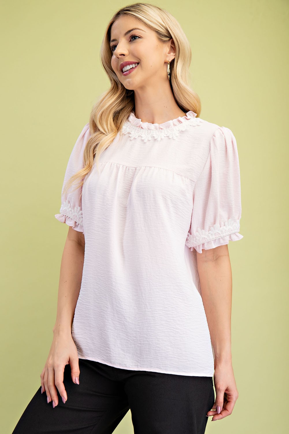 Round Neck Blouse with Lace Trim Details