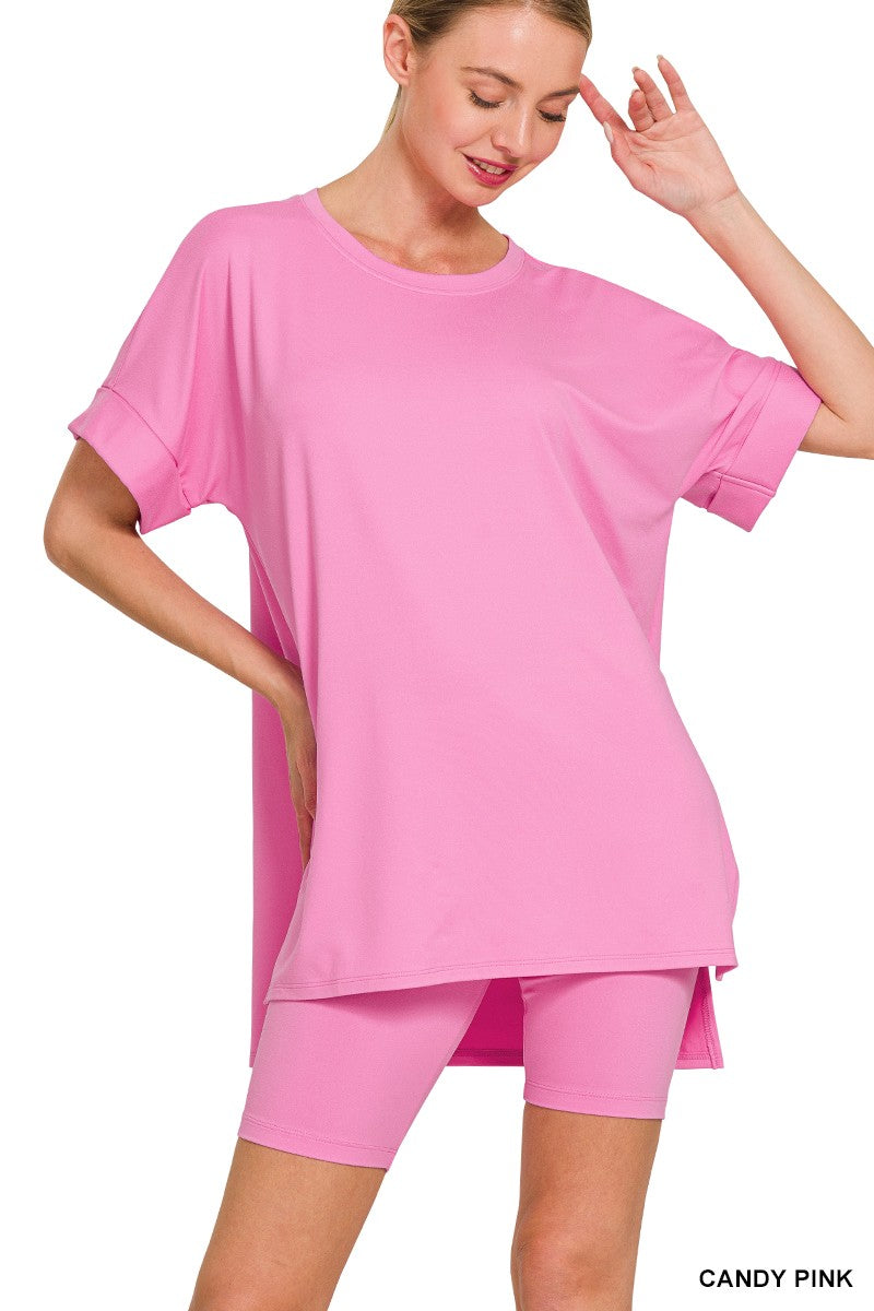 BRUSHED DTY MICROFIBER R-NECK TOP & BIKER SHORTS
