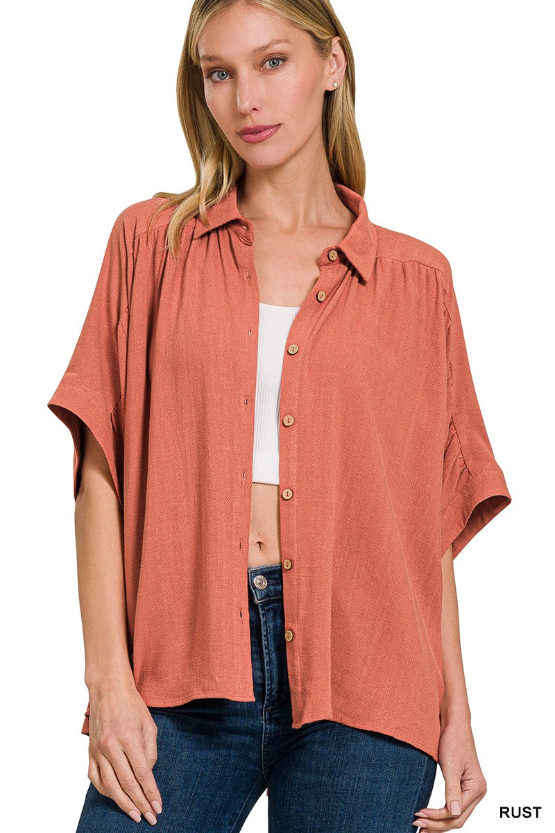 LINEN RUCHED SEAM CUFFED SLEEVE BUTTON DOWN TOP