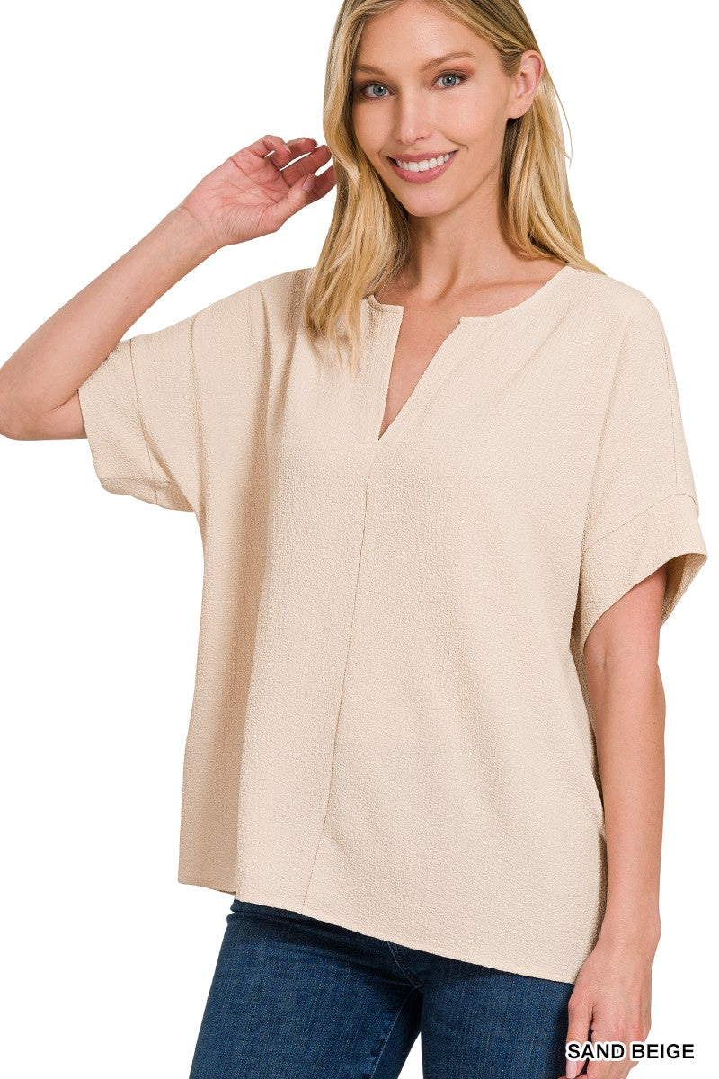 WOVEN BUBBLE AIRFLOW SPLIT NECK TOP