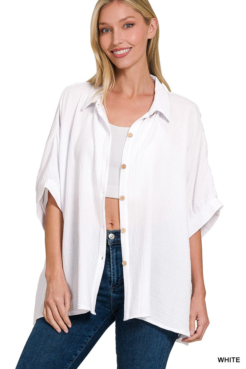 DOUBLE GAUZE 3/4 SLEEVE BUTTON UP SHIRT